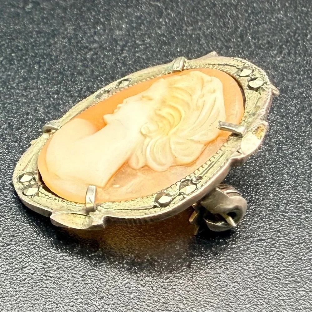 Vintage Shell Cameo Brooch 800 Silver Marcasite Left Facing Small